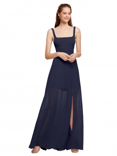 Squre Necked Long Chiffon Bridesmaid Dress with Front Slit for Sale