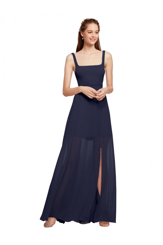 Squre Necked Long Chiffon Bridesmaid Dress with Front Slit for Sale