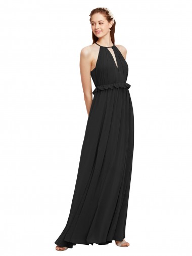Halter Neck Front Keyhole Chiffon Bridesmaid Dress with Shirred Waist for Sale