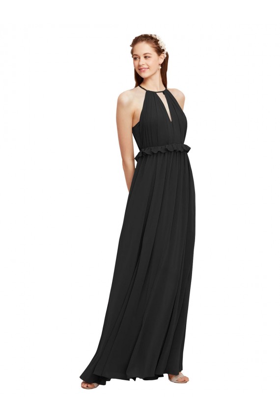 Halter Neck Front Keyhole Chiffon Bridesmaid Dress with Shirred Waist for Sale