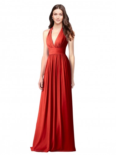 Halter V-Neck A-Line Chiffon Bridesmaid Dress with Shirred Skirt for Sale
