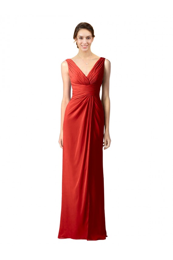 Shirred Long Floor Length Chiffon Bridesmaid Dress with V-Back for Sale