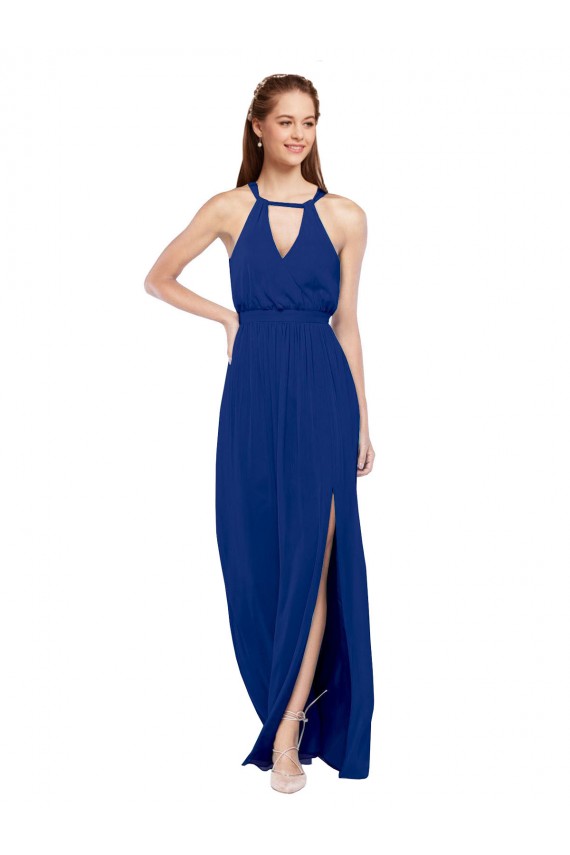 High Keyhole Neck Long Chiffon Bridesmaid Dress with Slit for Sale