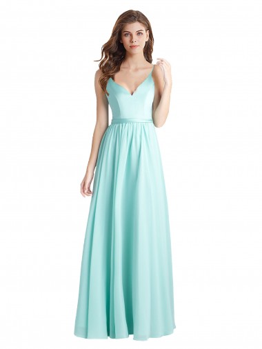 Long V-Neck Chiffon Bridesmaid Dress with Satin Bodice for Sale