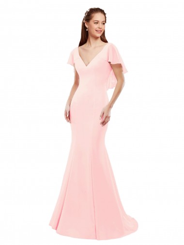 Fit and Flare Chiffon Bridesmaid Dress with V-Neck and Flutter Sleeves for Sale