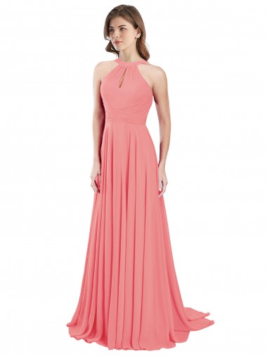 Draped A-Line Chiffon Bridesmaid Dress with Halter Keyhole Neckline for Sale