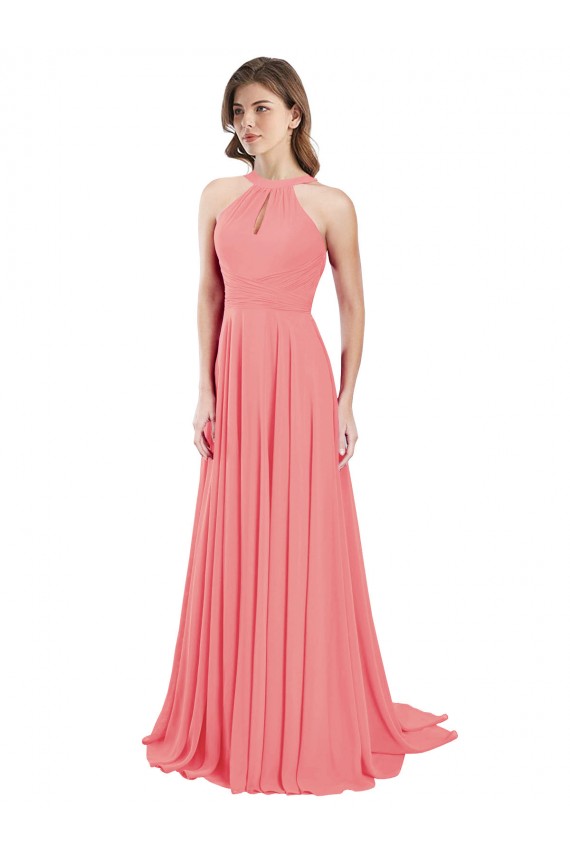 Draped A-Line Chiffon Bridesmaid Dress with Halter Keyhole Neckline for Sale
