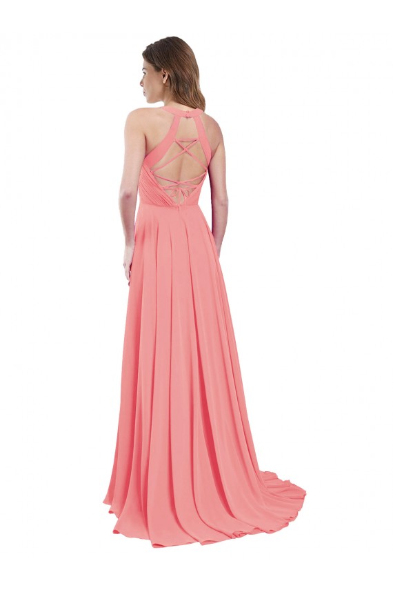 Draped A-Line Chiffon Bridesmaid Dress with Halter Keyhole Neckline for Sale
