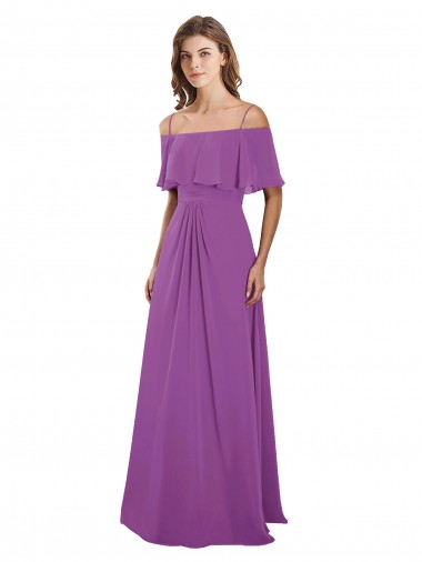 Draped Off The Shoulder Chiffon Bridesmaid Dress with Spaghetti Straps and Ruffled Neckline for Sale
