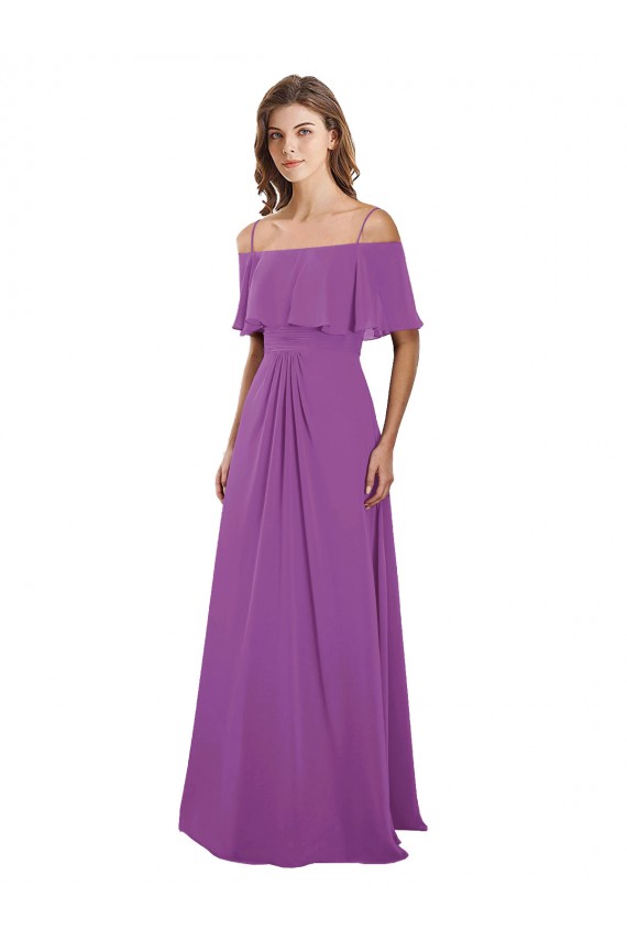 Draped Off The Shoulder Chiffon Bridesmaid Dress with Spaghetti Straps and Ruffled Neckline for Sale