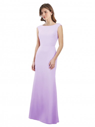 Chiffon Column Bridesmaid Dress with High Round Neckline and Cap Sleeves for Sale