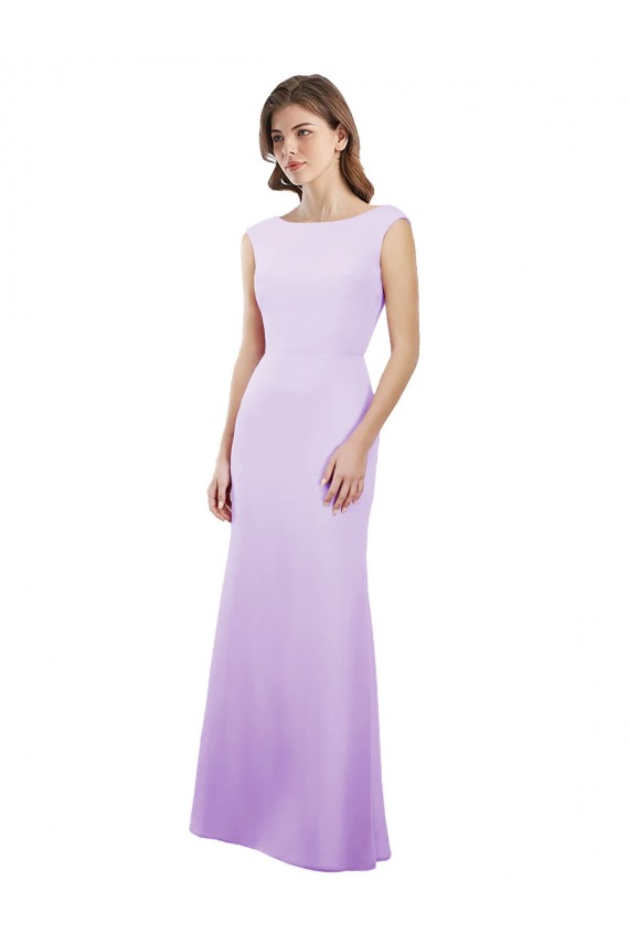 Chiffon Column Bridesmaid Dress with High Round Neckline and Cap Sleeves for Sale