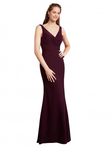 Floor Length Fluted Chiffon Dress with Draped Bodice and V-Neckline for Sale