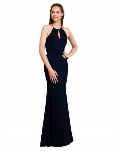 Fluted Long Chiffon Bridesmaid Dress with Halter Neckline and Keyhole for Sale