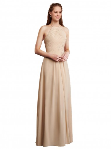 Draped Halter Neck Long Chiffon Bridesmaid Dress with Tie Back for Sale