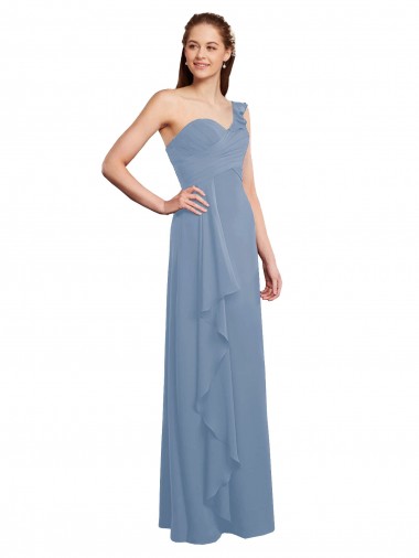 Single Shoulder Strap Long Chiffon Bridesmaid Dress with Cascading Ruffles for Sale