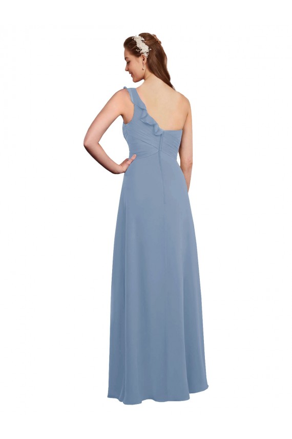 Single Shoulder Strap Long Chiffon Bridesmaid Dress with Cascading Ruffles for Sale
