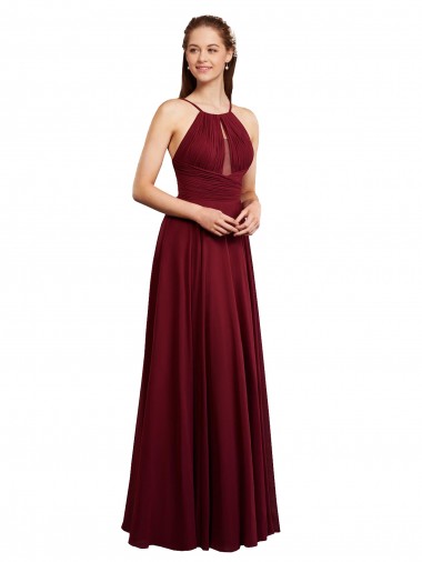 Long A-Line Halter Neck Chiffon Bridesmaid Dress with Draped Bodice for Sale