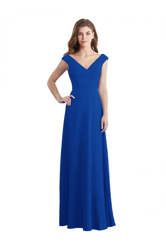 Draped Shoulder V-Neck Long Chiffon Bridesmaid Dress for Sale