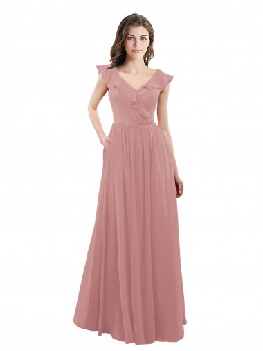 Chiffon A-Line Bridesmaid Dress with V-Neck Wrap Bodice for Sale