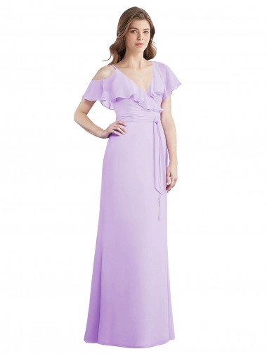 Ruffled Neckline Cold Shoulder Long Chiffon Bridesmaid Dress for Sale