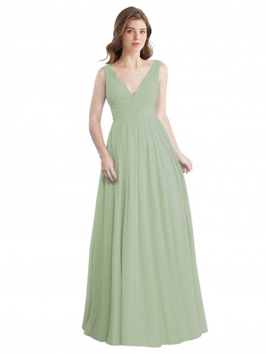 V-Neck A-Line Long Chiffon Bridesmaid Dress with Draped Bodice for Sale