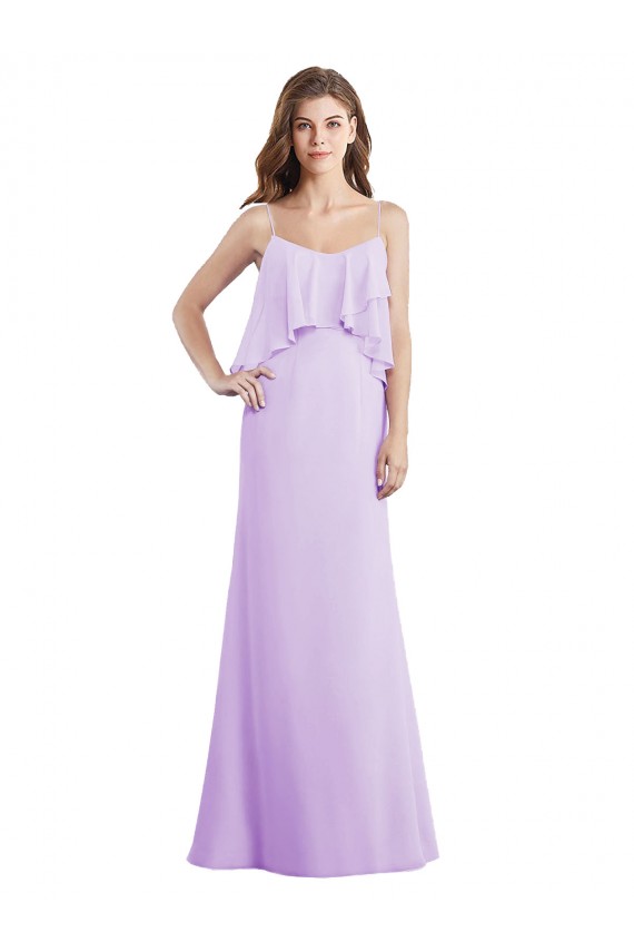 Scoop Neck Long Chiffon Bridesmaid Dress with Cross Over Neckline Flounce for Sale