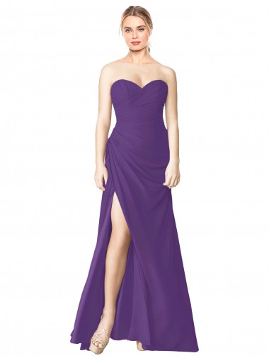 Strapless Chiffon Bridesmaid Dress with Pleated Wrap Bodice and Side Slit for Sale