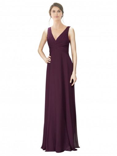 Long Chiffon Bridesmaid Dress with Ruched Criss Cross V-Neck Bodice for Sale