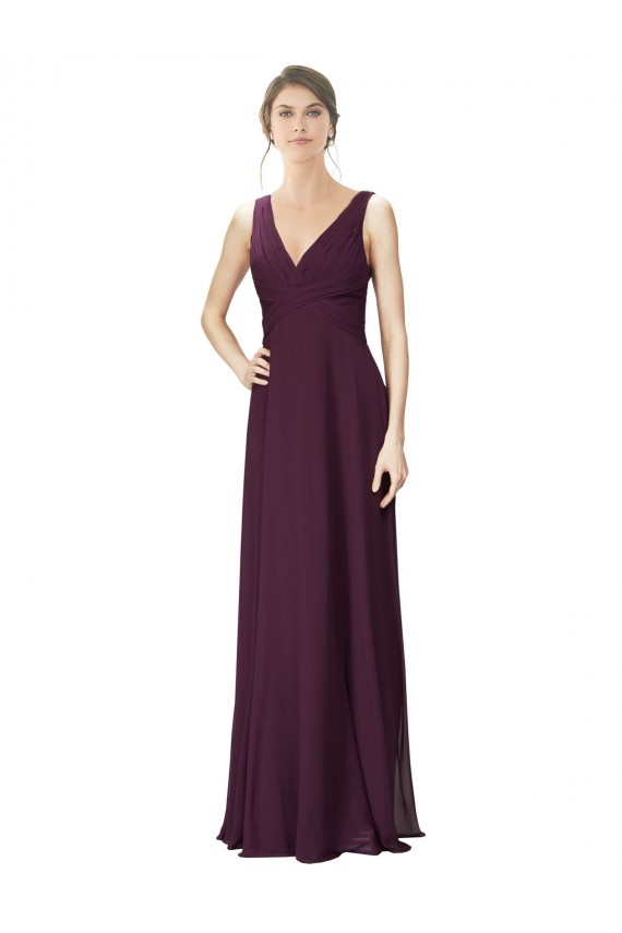 Long Chiffon Bridesmaid Dress with Ruched Criss Cross V-Neck Bodice for Sale