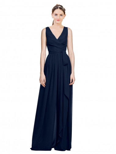 V-Neck Ruched Chiffon Bridesmaid Dress with Waistband for Sale