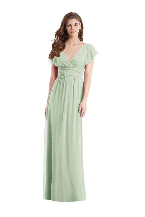 Flutter Sleeves Draped Wrap V-Neck Chiffon Bridesmaid Dress for Sale