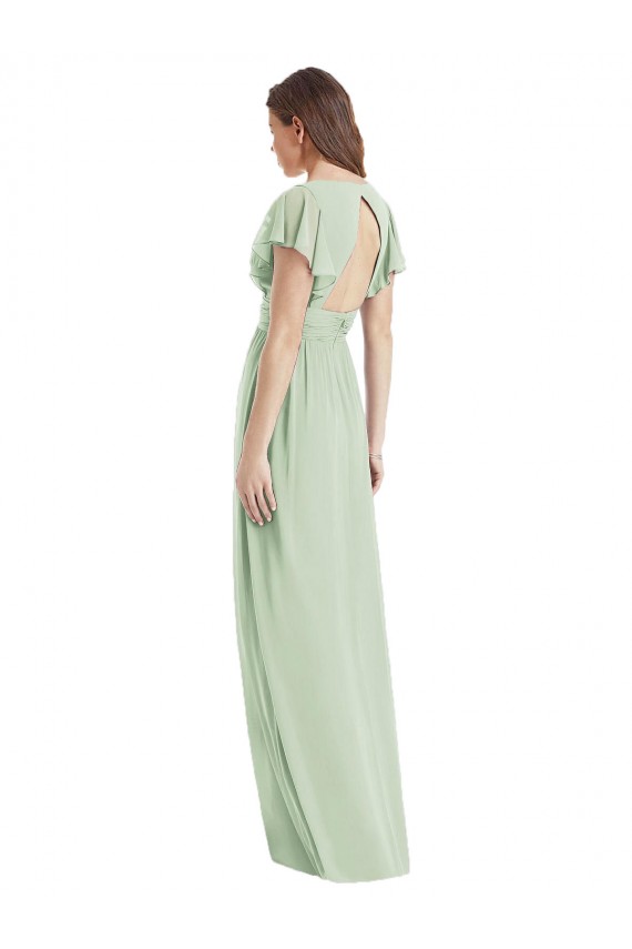 Flutter Sleeves Draped Wrap V-Neck Chiffon Bridesmaid Dress for Sale