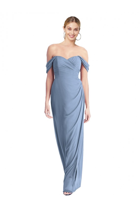 Full Length Draped Off the Shoulder Maxi Bridesmaid Dress with Shirred Streamer for Sale