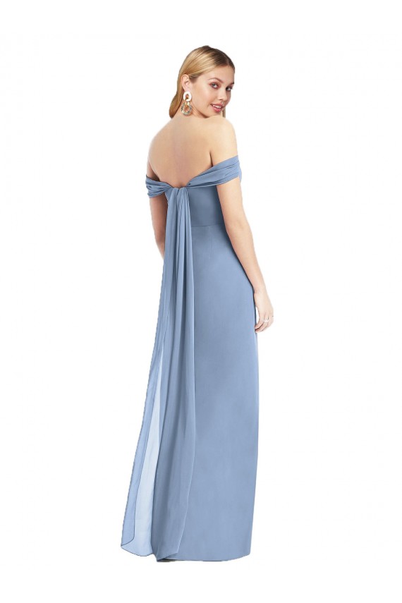 Full Length Draped Off the Shoulder Maxi Bridesmaid Dress with Shirred Streamer for Sale