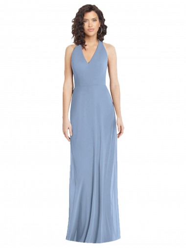 V-Neck Halter Back Straps Chiffon Formal Bridesmaid Dress for Sale