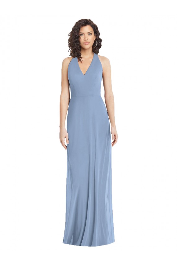V-Neck Halter Back Straps Chiffon Formal Bridesmaid Dress for Sale
