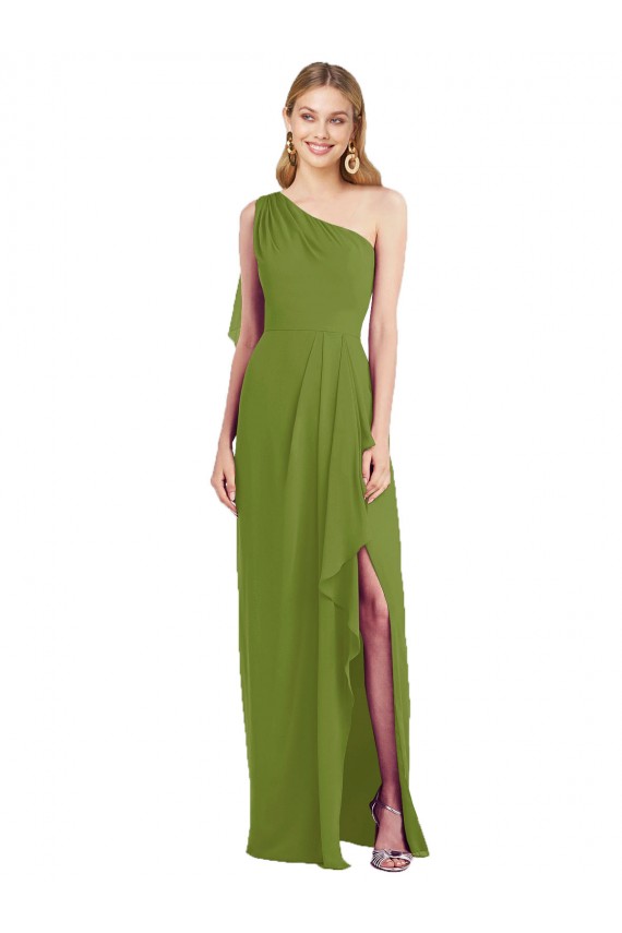 One Shoulder Chiffon Bridesmaid Dress with Draped Front Slit for Sale