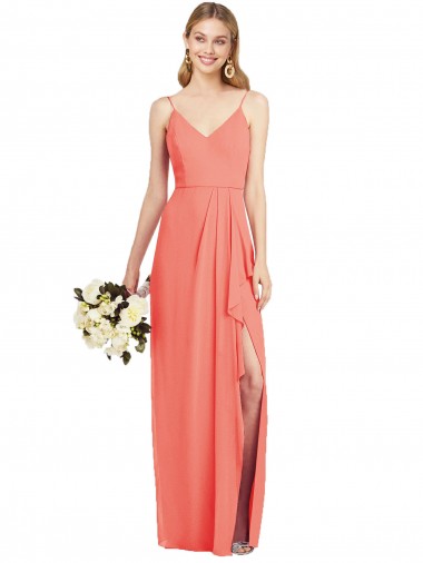 Spaghetti Strap Draped Skirt Chiffon Bridesmaid Dress with Front Slit for Sale