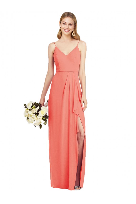 Spaghetti Strap Draped Skirt Chiffon Bridesmaid Dress with Front Slit for Sale