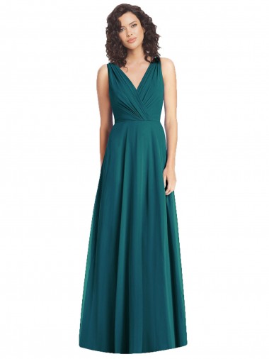 Draped V-Neck Long Sleeveless Chiffon Bridesmaid Dress for Sale