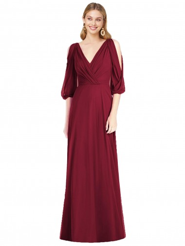 Draped V-Neck Bell Sleeves V-Back Chiffon Bridesmaid Dress for Sale