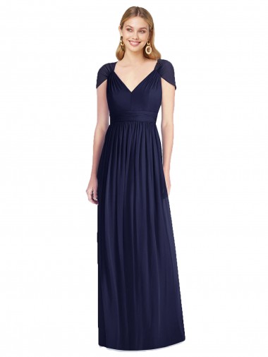 V-Neck Cap Sleeves Sheer Back Chiffon Bridesmaid Dress for Sale