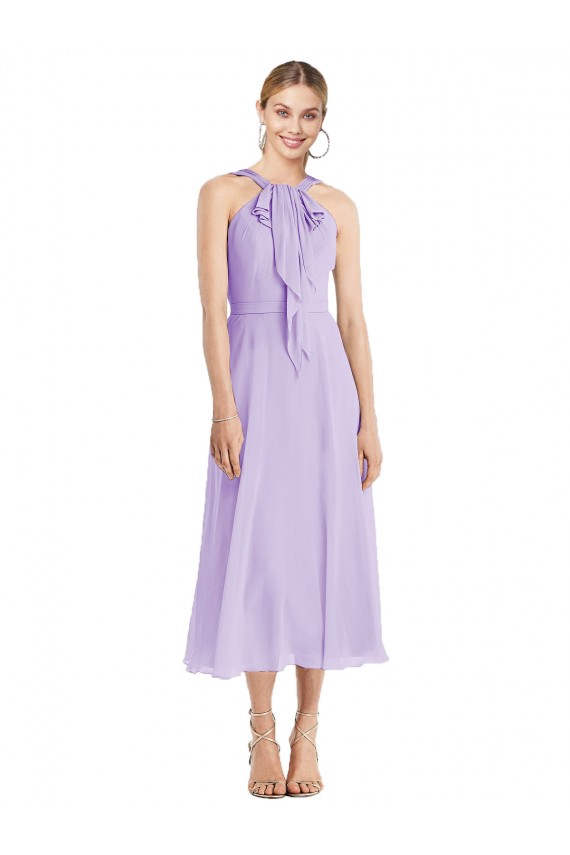 Midi Length Halter Plunging V-Back Chiffon Bridesmaid Dress / Cocktail Dress for Sale