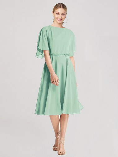 Open Back Flutter Sleeves Cocktail Length Chiffon Bridesmaid Dress for Sale