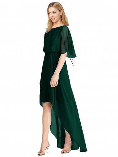 Plunging V Back Flutter Sleeves Cocktail Length Chiffon Bridesmaid Dress for Sale