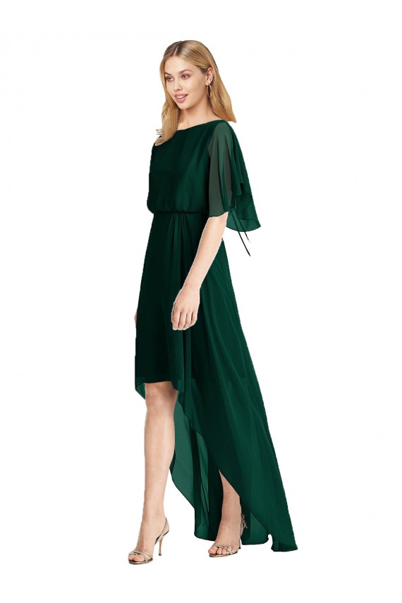 Plunging V Back Flutter Sleeves Cocktail Length Chiffon Bridesmaid Dress for Sale