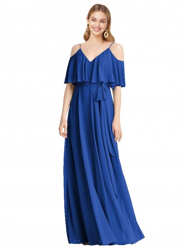 Spaghetti Straps V-Neck Chiffon Bridesmaid Dress with Sash Tie for Sale
