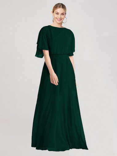 Full-Length Flutter Sleeves Plunging V Back Chiffon Bridesmaid Dress for Sale
