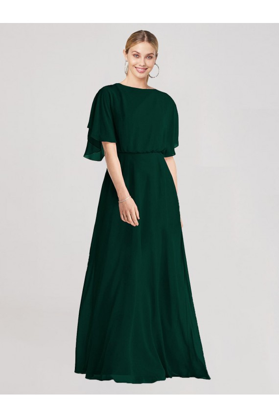 Full-Length Flutter Sleeves Plunging V Back Chiffon Bridesmaid Dress for Sale